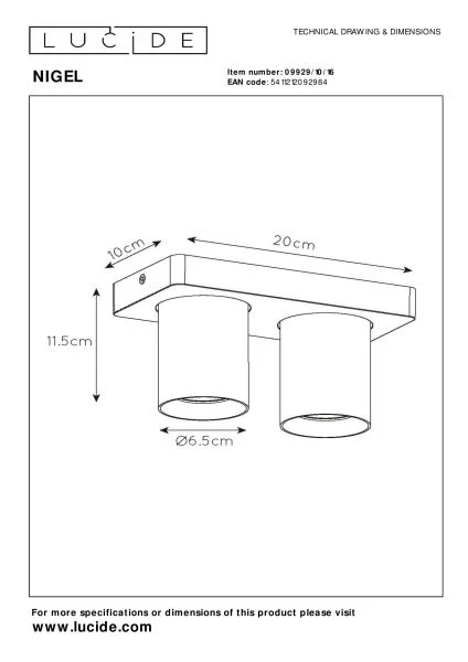 Lucide NIGEL - Plafondspot - LED Dim to warm - GU10 - 2x5W 2200K/3000K - Zwart Staal - technisch